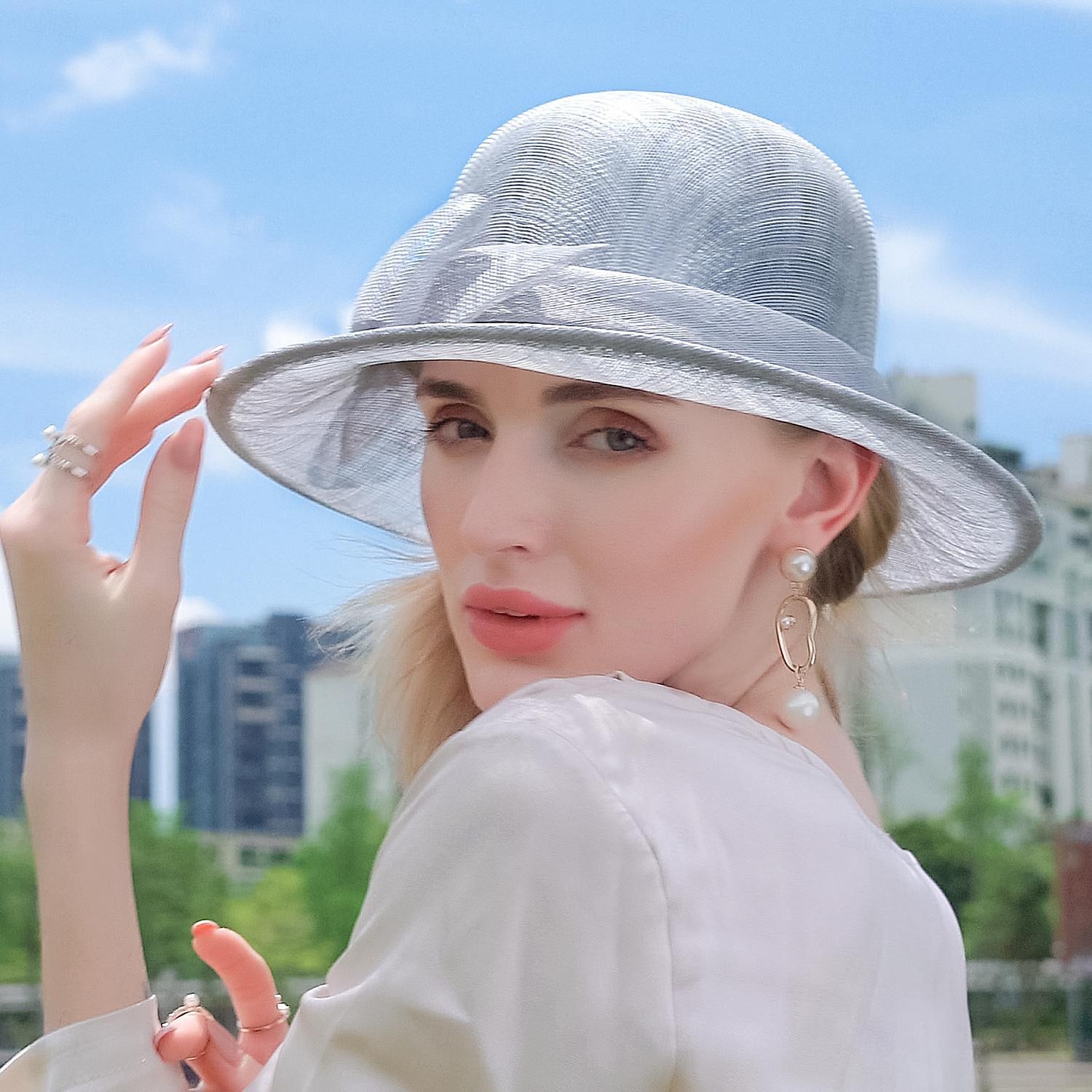 Chapeaux melon en lin/chapeau cloche, chapeau seau, chapeau de soleil, fête de thé, mariage élégant avec nœud papillon, couvre-chef de 2025 ? $49.99 –P10