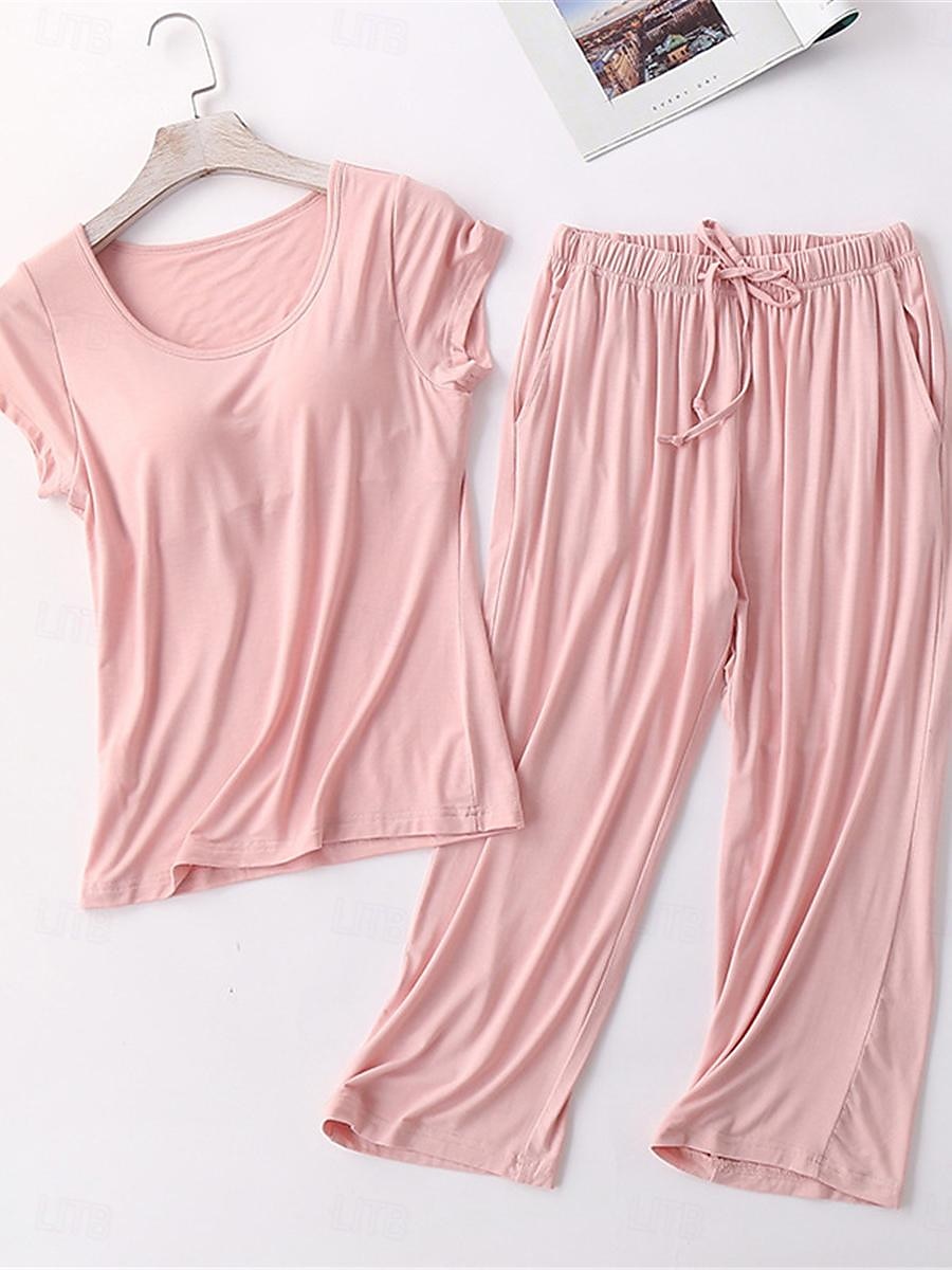 pigiama da donna set colore puro semplice comfort casa quotidiano letto modal traspirante girocollo manica corta maglietta pantaloni pettorali protezioni abiti estivi per la casa del 2026 a $26.99 –P10
