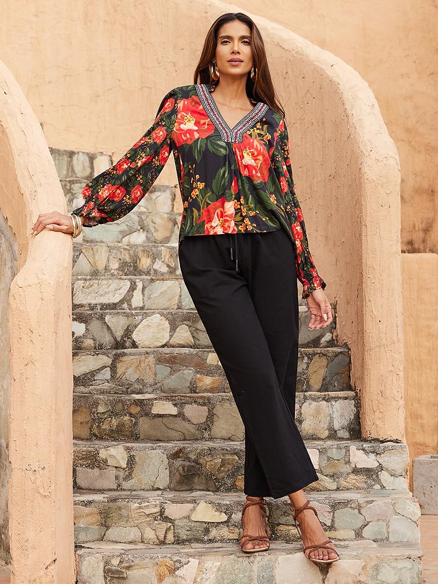 Midikleid aus floraler Spitze mit V-Ausschnitt und Puffärmeln 2026 - $34.99 –P2