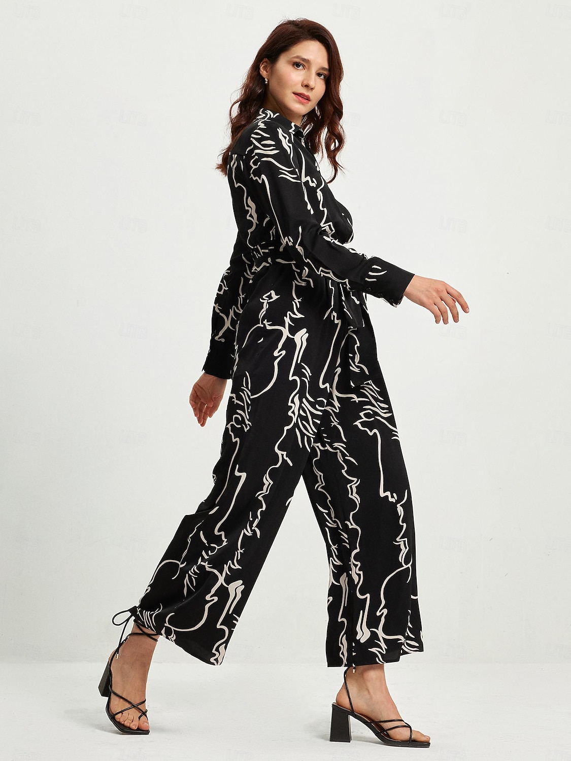 marmor graffiti playsuit skjortekrage langermet jumpsuit 2025 - $58.99 -P3