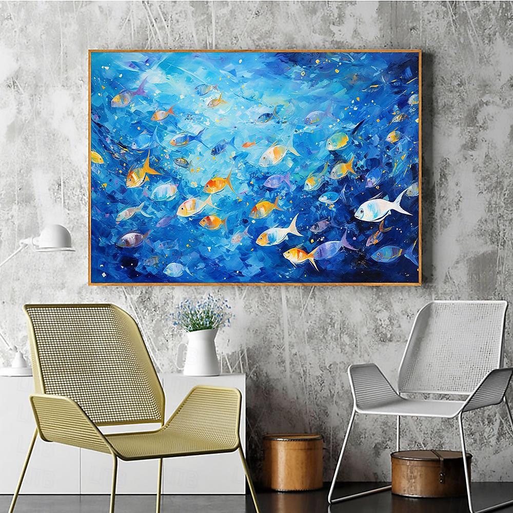 Hand painted Abstract Swimming Fishes Oil Painting on Canvas Extra Large Handmade Wall Art  Blue Ocean Art painting Custom Painting Minimalist artwork for Living Room Decor 2026 - $108.99 –P2
