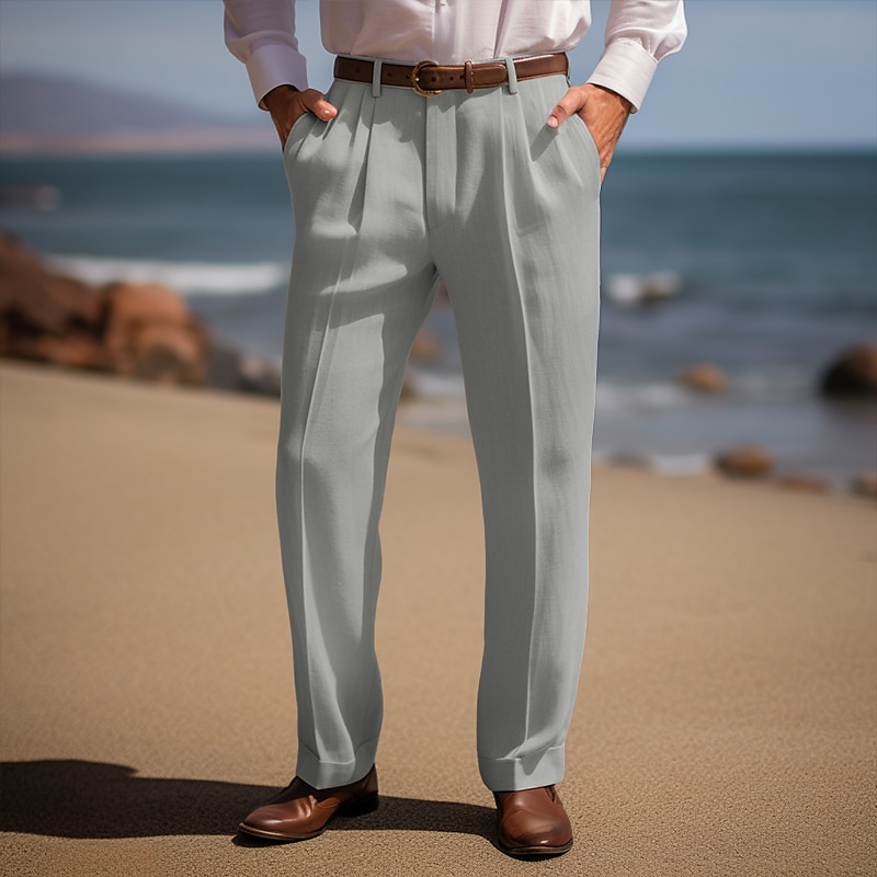 Men's Linen Pants Trousers Summer Pants Front Pocket Pleats Straight Leg Plain Comfort Breathable Casual Daily Holiday Fashion Basic Black White 2025 - $28.99 –P11