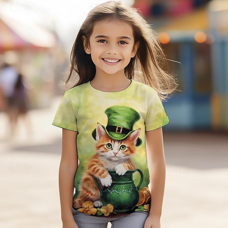 St. Patrick Girls' 3D Cat Four Leaf Clover Tee Shirt Short Sleeve 3D Print Summer Active Fashion Cute Polyester Kids 3-12 Years Crew Neck Outdoor Casual Daily Regular Fit 2025 - $11.99 –P4