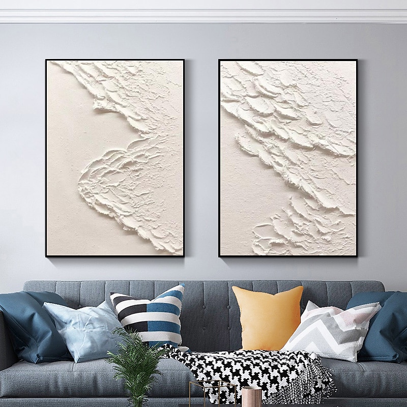 Weiße Wellen, abstraktes Gemälde, weiße 3D-Strukturkunst, weiße strukturierte Wandkunst, minimalistische Kunst, Heimdekoration, gespannter Rahmen, fertig zum Aufhängen 2025 - $183.99 –P2
