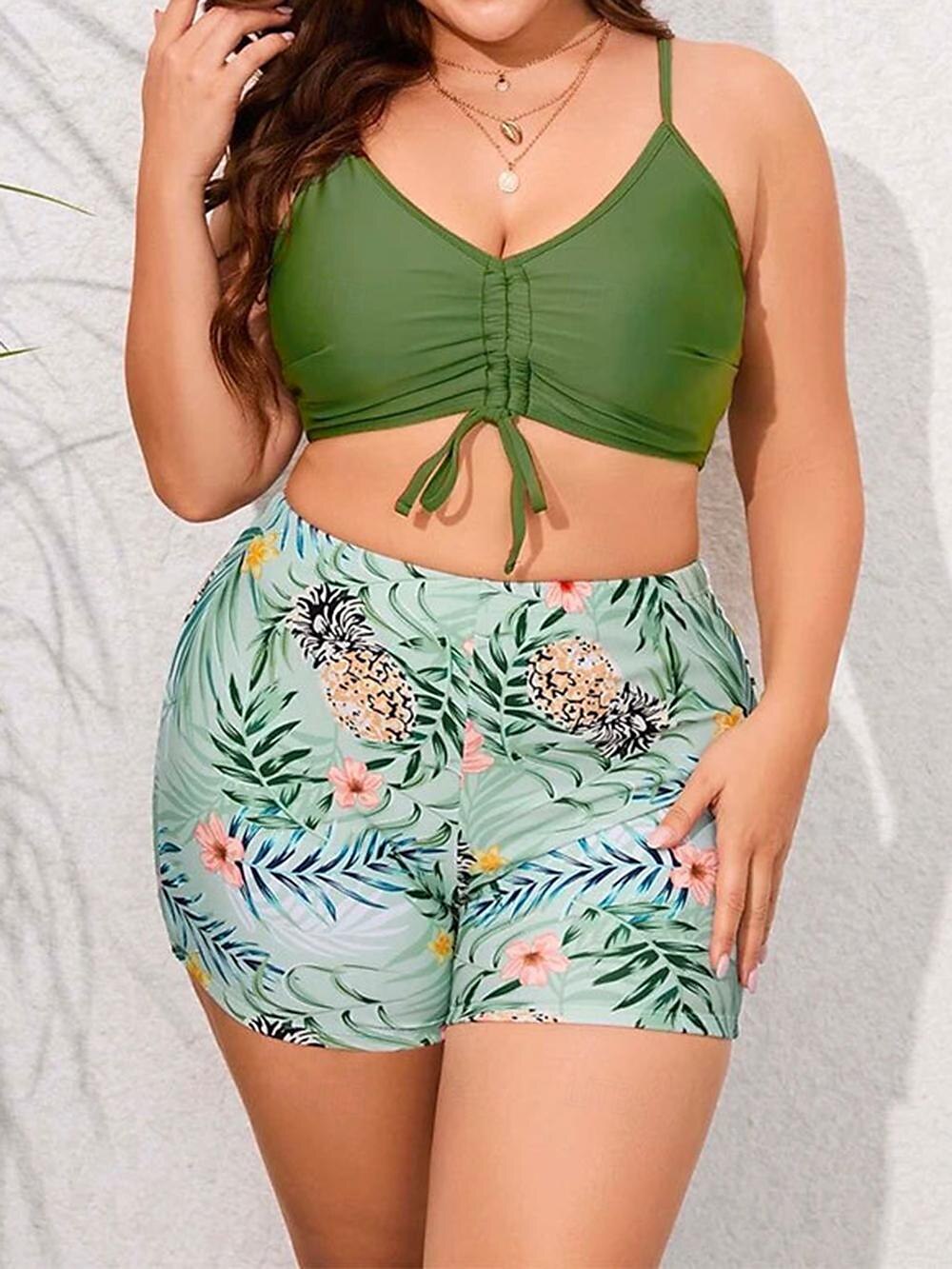 Women's Plus Size Pajamas Sexy Bodies Sets Floral Hot Sexy Holiday Home Bed Swimming Polyester Outdoor Stretchy Sleeveless 3-Piece Printing Summer Green 2024 - $32.99 –P3