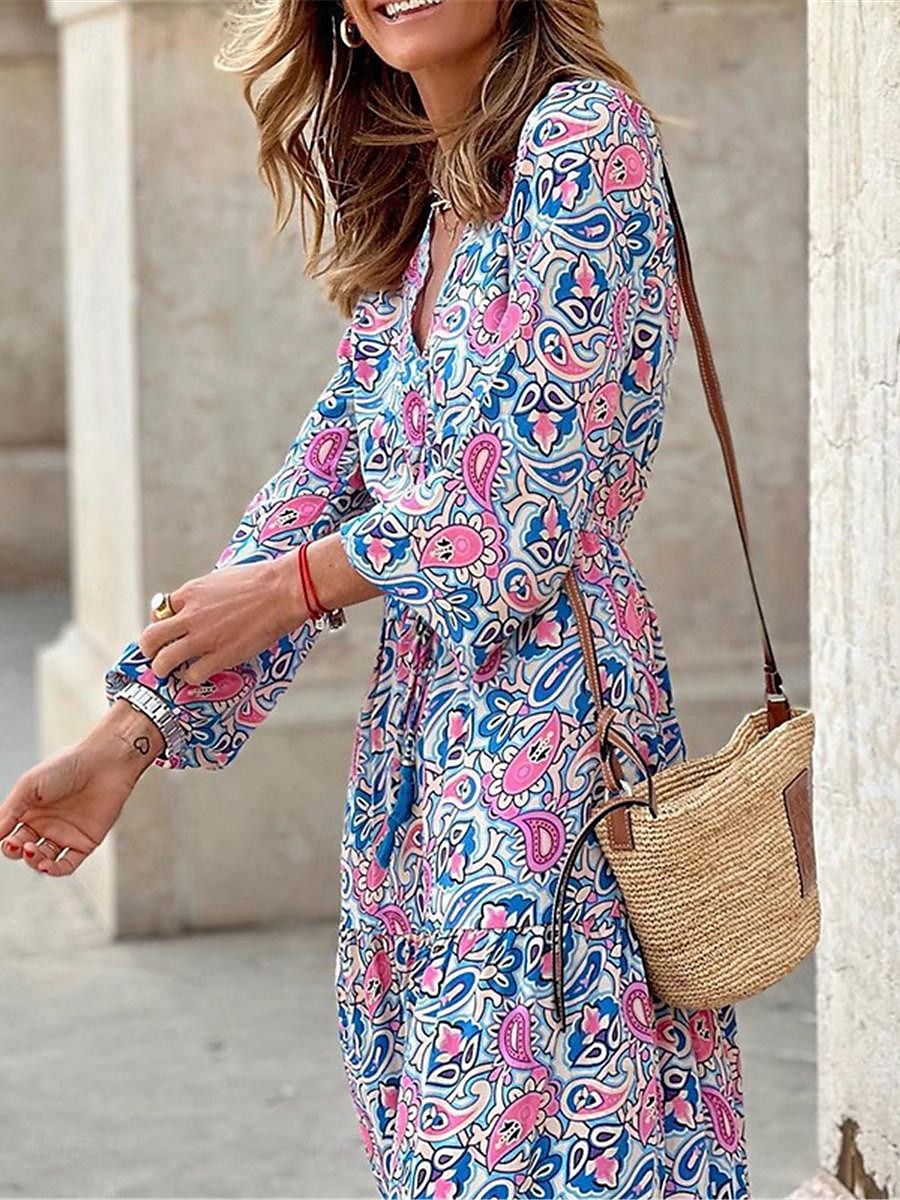 Damen kleid lang Paisley-Kleid Casual kleid Boho Chic Kleider Boho-Kleid Böhmen Ethnisch A-Linie Urlaub Strasse Festtage Lockere Passform Paisley-Muster Langarm V Ausschnitt Rosa Blau Grün Sommer 2025 - $52.99 –P7