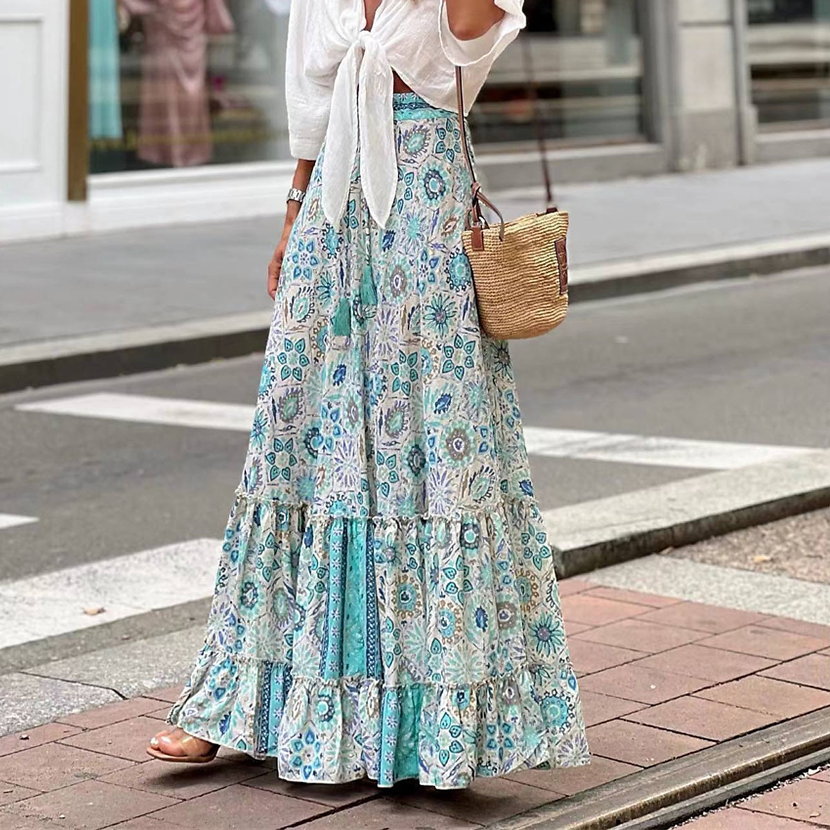 dámská sukně linka swing dlouhá sukně maxi vysoký pas sukně volánkový potisk květinový geometrický denní dovolená letní móda ležérní boho růžová modrá zelená světle modrá 2025 - $26.99 –P1