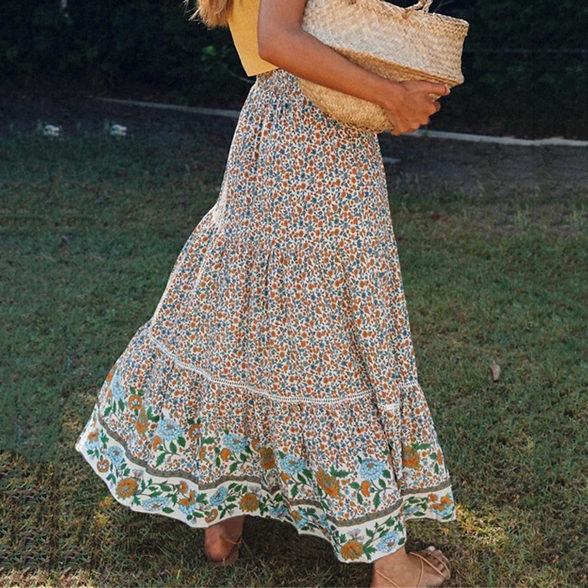 spódnica damska linia swing bohemia maxi spódnice z wysokim stanem kwiatowy wzór kwiatowy wakacje wakacje lato casual boho morela czerwony 2025 - $26.99 –P8