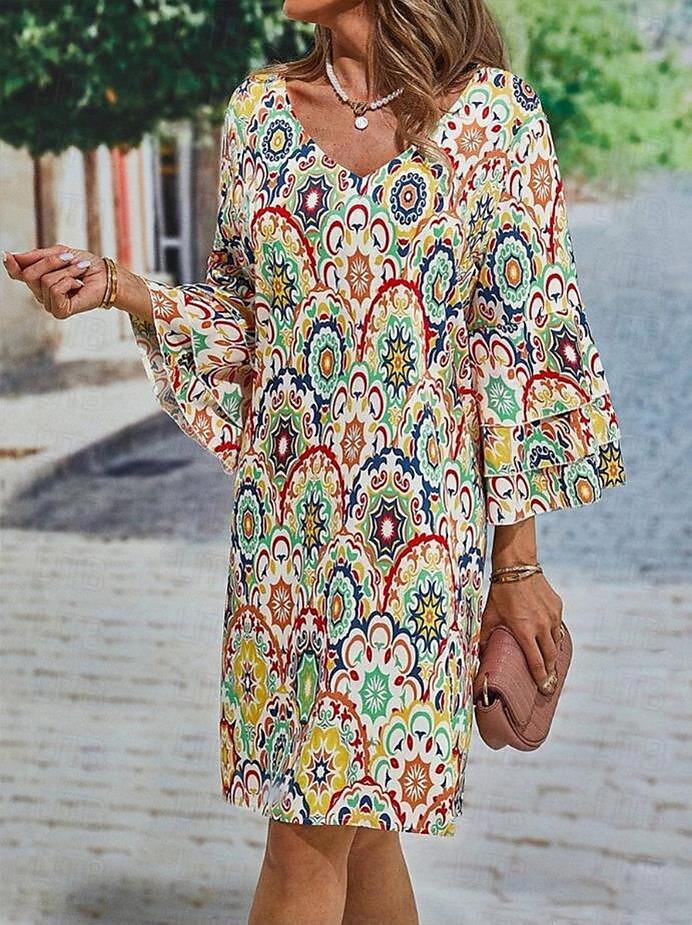 Pentru femei Rochie Mini Rochie casual Rochie de primăvară Șic Stradă Mânecă cu volan Vacanță Stradă Dată Potrivire Largă Floral Lungime Manșon 3/4 În V Galben Vară Primăvară 2025 - $46.99 –P3
