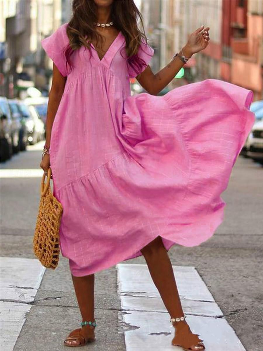 Pentru femei Rochie Lunga Rochie Maxi Rochii de in bumbac Rochie casual Rochie leagăn Rochie A line Șic Stradă Maxi Vacanță Stradă Concediu Potrivire Largă Manșon scurt În V Galben Roz Îmbujorat 2025 - $26.99 –P4
