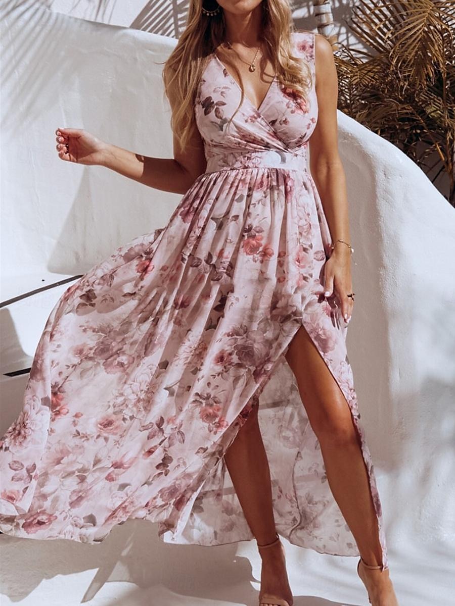 Dam Långklänning Maxiklänning Vardagsklänning Swingklänning A linjeklänning Sommarklänning Hawaiisk Maxi Boho Semester Gata Helgdag Normal Blommig Ärmlös V-hals Gul Rodnande Rosa Grön Ljusblå Sommar 2025 - $41.99 –P10