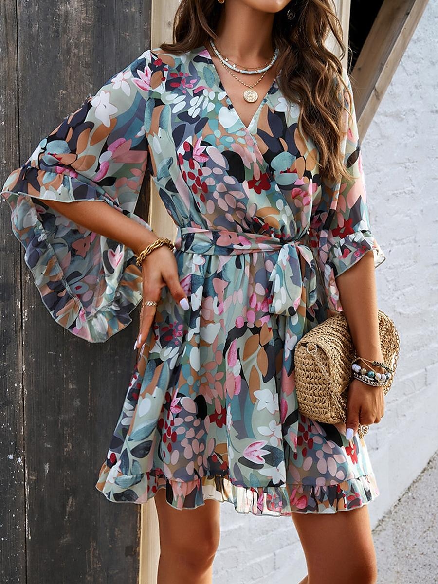 női alkalmi ruha virágos fűzős print v nyak mini ruha boho vakáció 3/4 hosszú ujjú nyár 2025 - $41.99 –P6