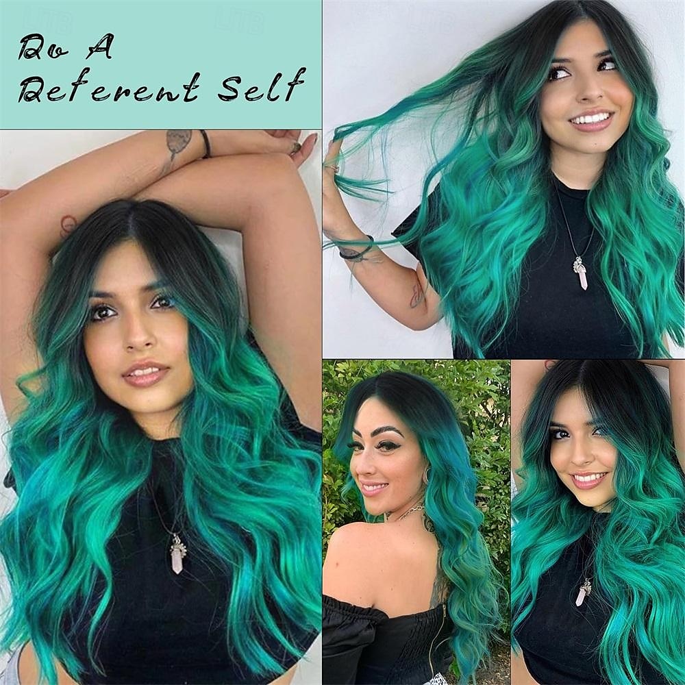 lange golvende pruik voor vrouwen ombre groen middelste deel pruiken blauwgroen pruiken lang krullend synthetisch hittebestendig haar met natuurlijke haarlijn voor cosplay feest dagelijks gebruik 2025 - $21.99 –P6