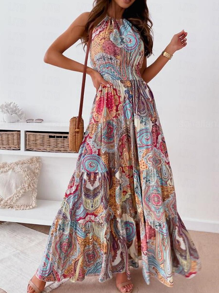 Dame Lang kjole Maxikjole Uformell kjole Boho elegante kjoler Boho-kjole Bohem Gatemote A-linje Feriereise Gate Ferie Normal Blomstret Paisly Ermeløs Grimehals Rød Blå Sommer 2025 - $39.99 –P10