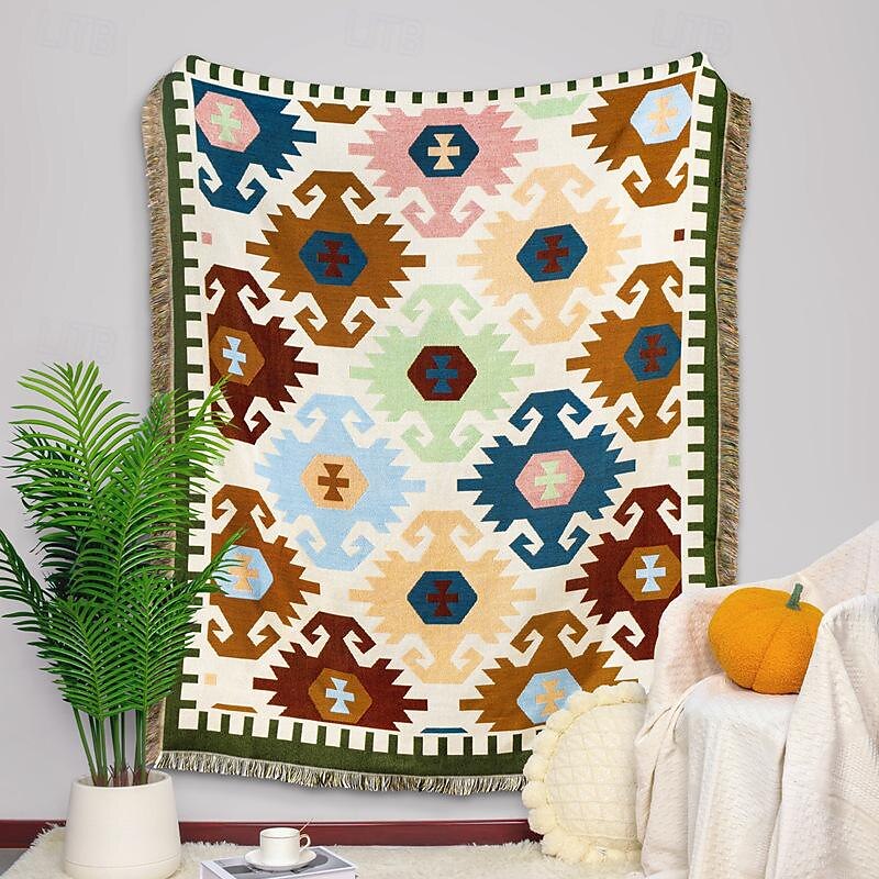 Boho-Mandala-Fadendecke, ländliche Geometrie, Sofa-Hängeteppich, gestrickte Sofadecke aus Baumwolle 2025 - $13.99 –P13