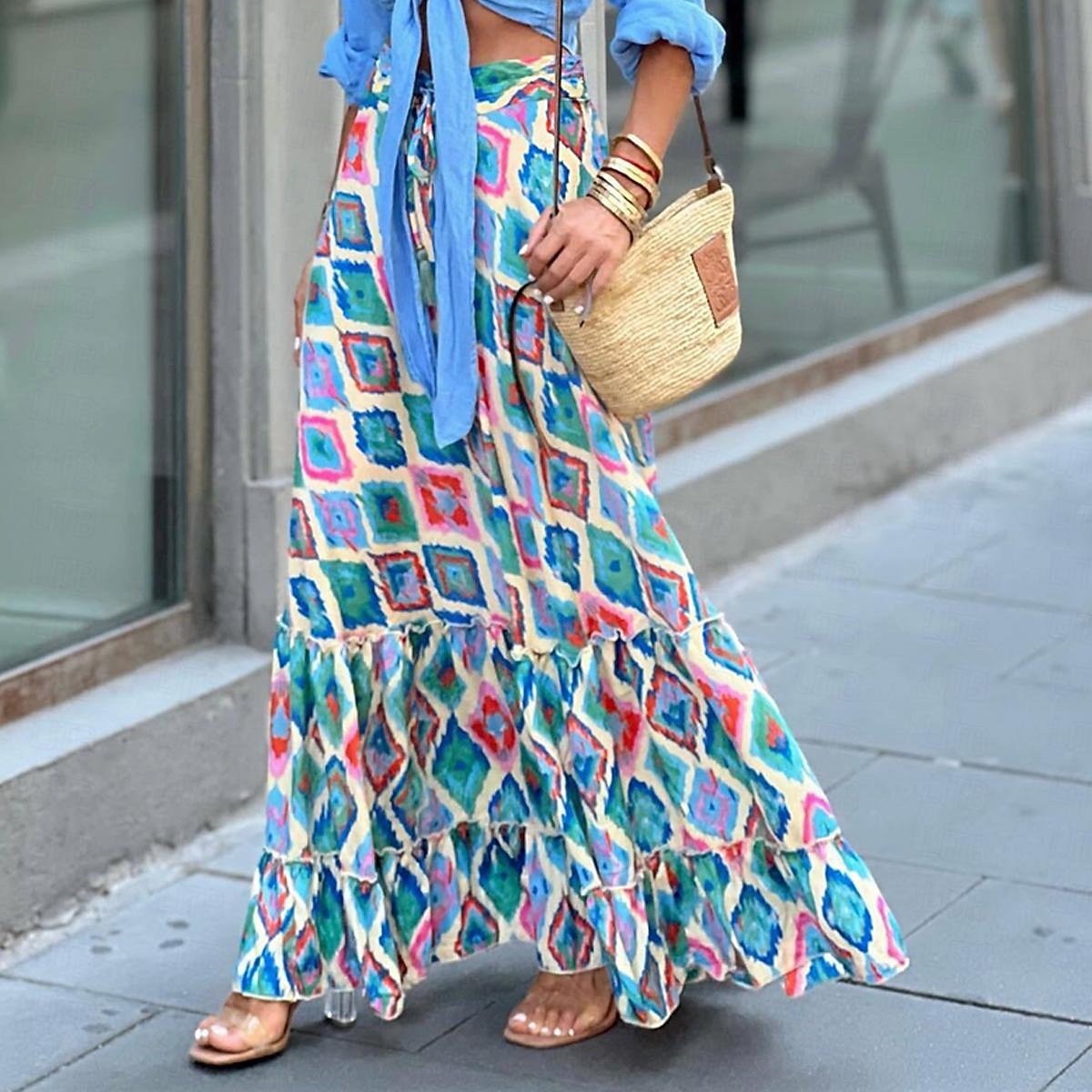 damkjol en linje gunga bohemia maxi hög midja kjolar med blommönster geometriskt rutigt gatesemester sommar casual boho blå 2025 - $23.99 –P4