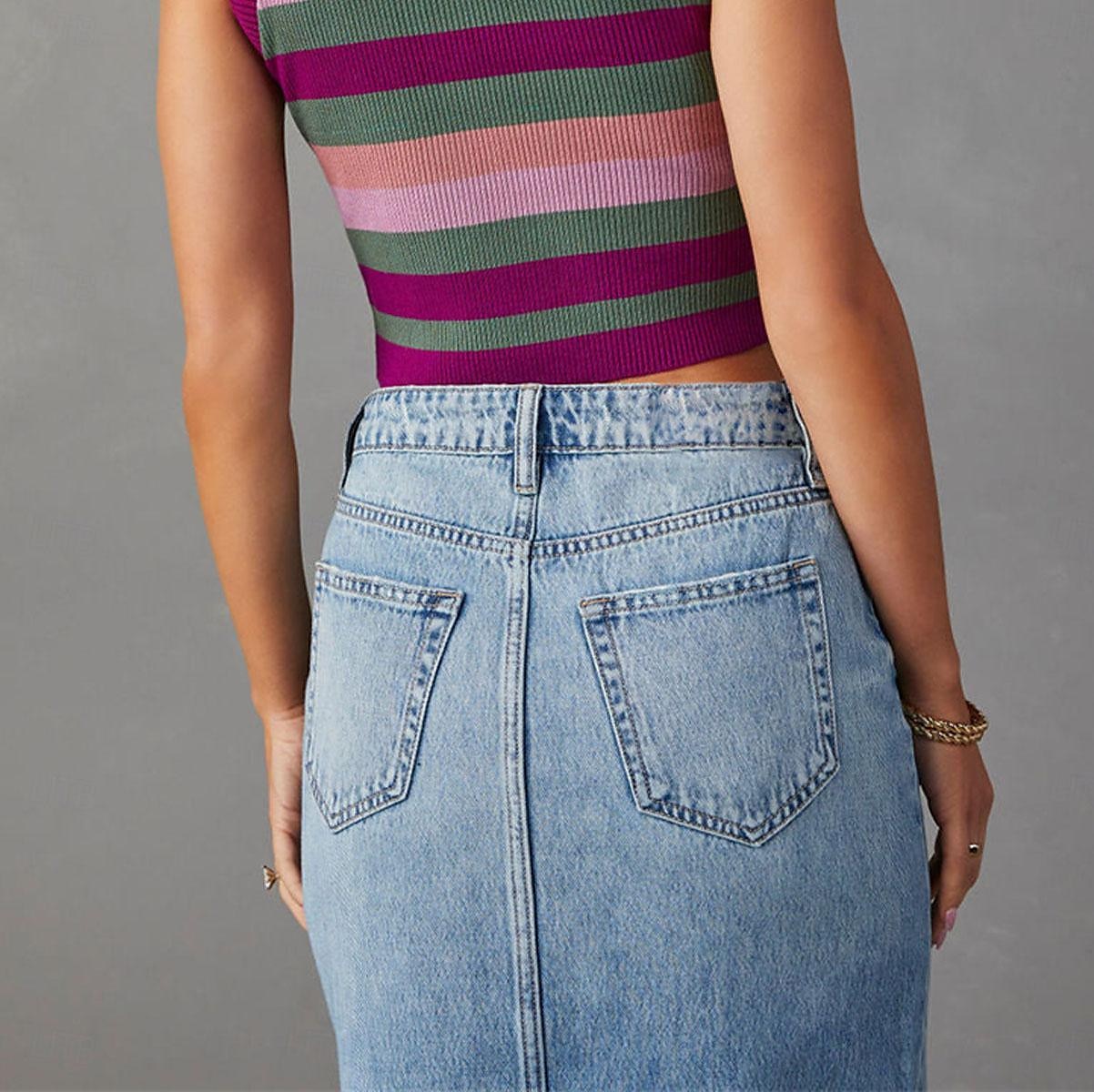 Femme Jupe Trapèze Jupe mi-longue en jean Mode Décontractées Midi Taille haute Jupes Couleur Pleine Poche Pointes fourchues Plein Air du quotidien Bleu Bleu clair Eté Jean de 2025 ? $31.99 –P9