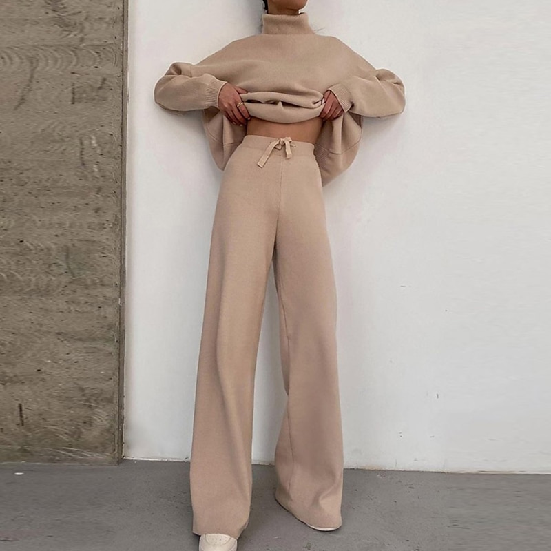 dam loungewear sweatsuit set 2 delar ren färg mode avslappnad komfort hem gå ut flygplats stickad hög hals långärmad pullover byxa höst vinter hem outfits 2025 - $34.99 –P3