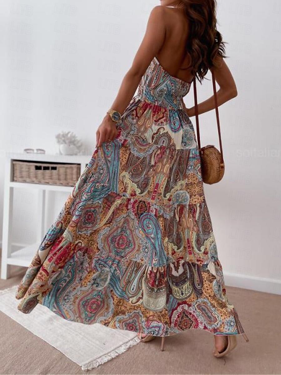 Dame Lang kjole Maxikjole Uformell kjole Boho elegante kjoler Boho-kjole Bohem Gatemote A-linje Feriereise Gate Ferie Normal Blomstret Paisly Ermeløs Grimehals Rød Blå Sommer 2025 - $39.99 –P12