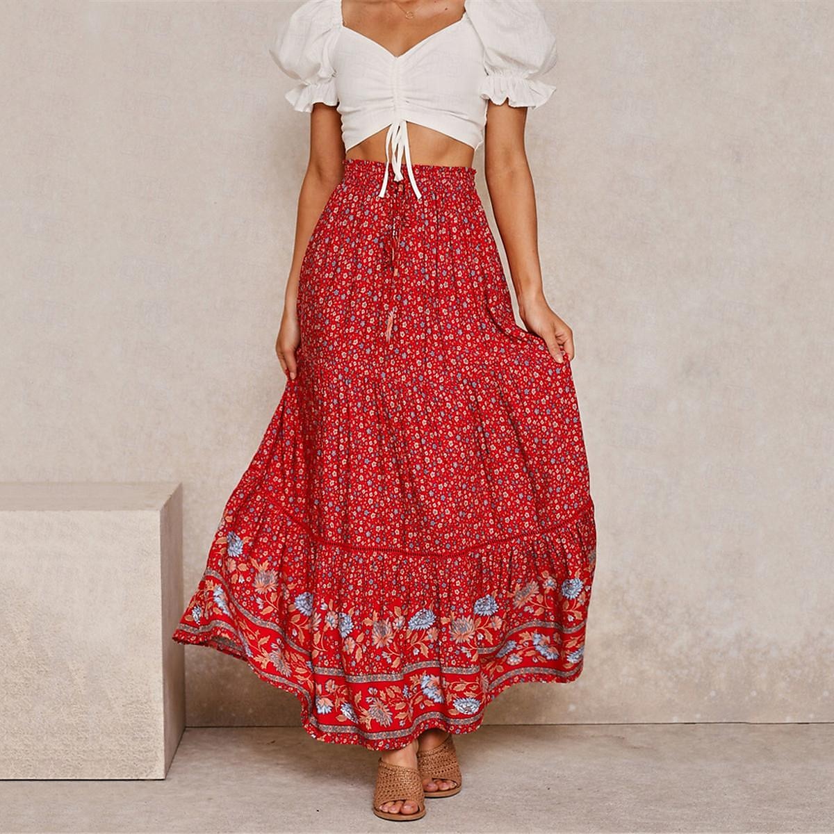spódnica damska linia swing bohemia maxi spódnice z wysokim stanem kwiatowy wzór kwiatowy wakacje wakacje lato casual boho morela czerwony 2025 - $26.99 –P2