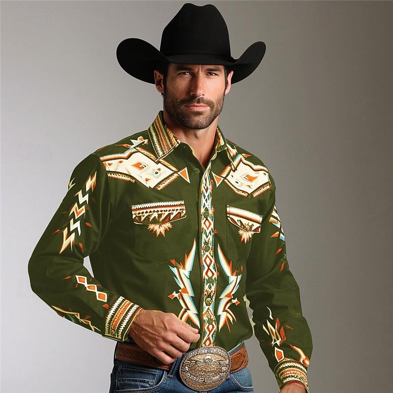 Per uomo Geometria Camicia Western Camicia da cowboy Manica Lunga Vintage Stile Western Abbigliamento quotidiano Uscire Weekend Primavera Collo ripiegato Tasca Stampato Bottonato Nero Blu marino del 2026 a $28.99 –P5