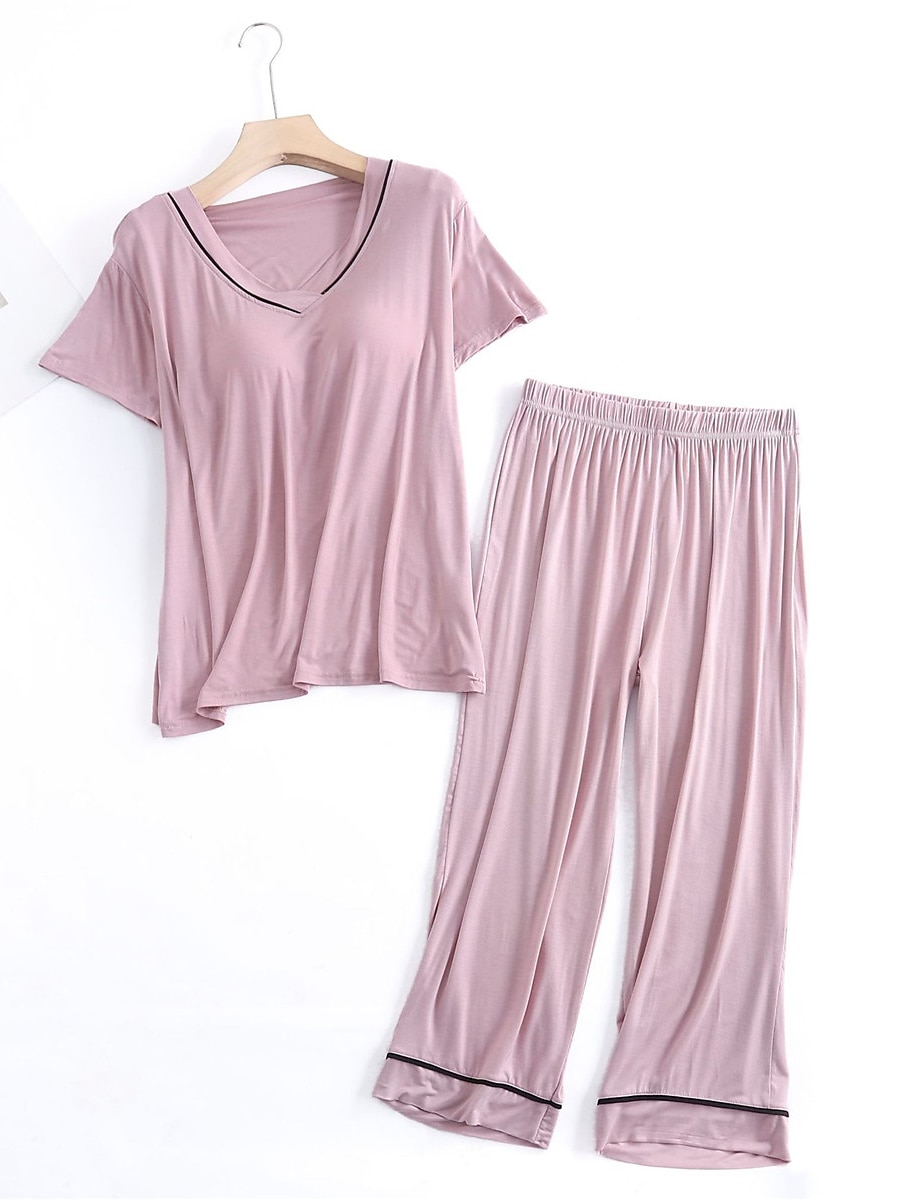 Women's Pajamas Sets Pure Color Fashion Simple Comfort Home Daily Bed Modal Breathable V Wire Short Sleeve T shirt Tee Pant Chest pads Summer Home Outfits 2025 - $29.99 –P6