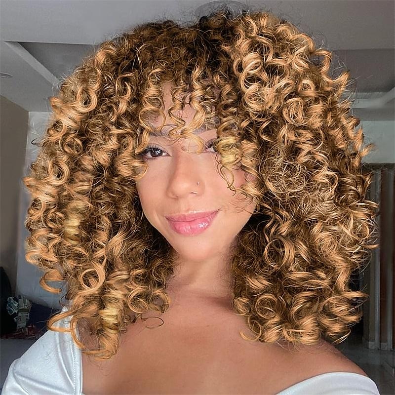 Parrucche Corte Ricce per Donne Nere - Ombre Marrone Colorato Afro Parrucche Sintetiche Ricce con Frangia Parrucche di Halloween del 2025 a $21.99 –P5