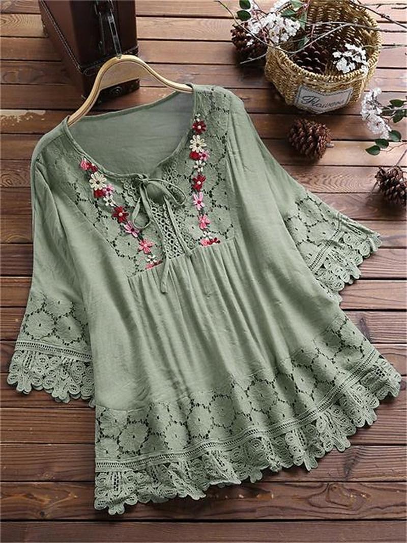 Női Ing Boho ing Csipke ing Blúz Virágos Divat Kerek Utca Napi Fűzős Csipke Fehér Arcpír rózsaszín Medence Bíbor Lóhere Nyár 2025 - $25.99 –P3