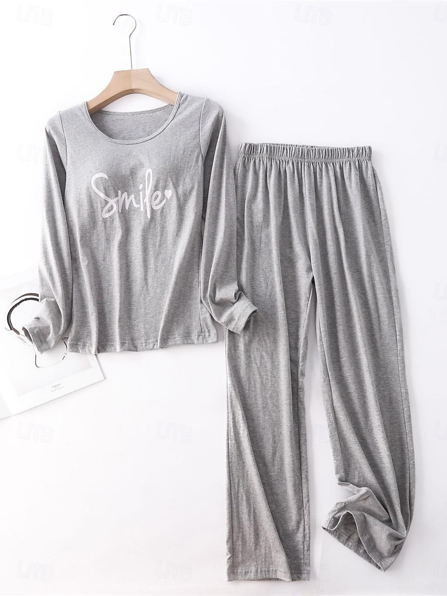 kvinnors pyjamasset brev mode komfort hem daglig säng bomull andas rund hals långärmad t-shirt t-shirt byxa bröstkuddar sommar vår hem outfits 2025 - $25.99 –P6