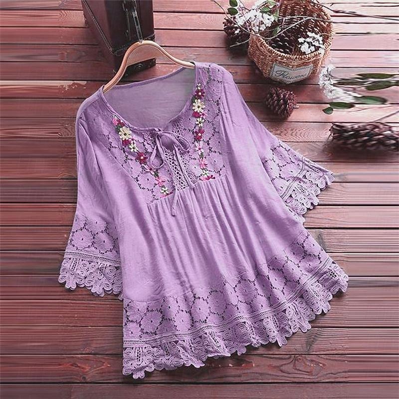 Női Ing Boho ing Csipke ing Blúz Virágos Divat Kerek Utca Napi Fűzős Csipke Fehér Arcpír rózsaszín Medence Bíbor Lóhere Nyár 2025 - $25.99 –P11