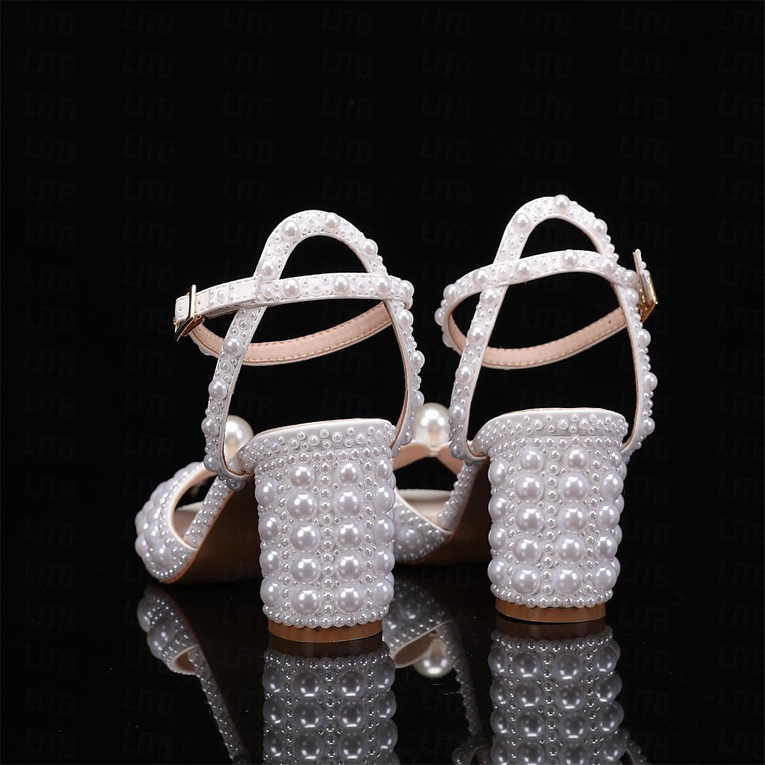 bryllupssko til bruden brudepike kvinner peep toe hvit beige pu sandaler med imitert perleblokk hæl chunky hæl ankelstropp bryllupsfest kveld daglig elegant klassisk 2025 - $79.99 –P2