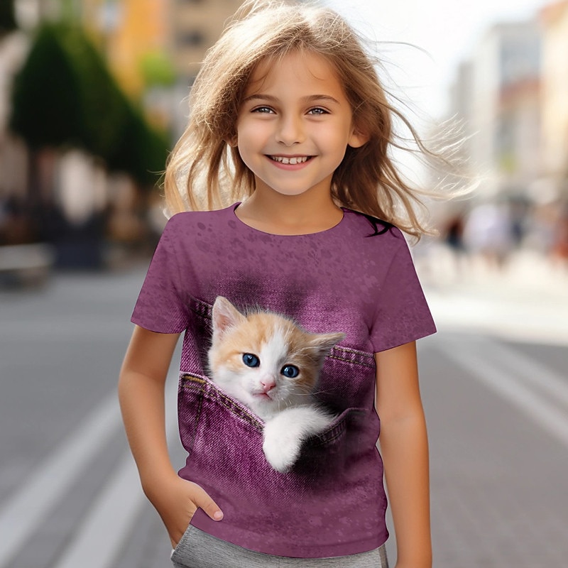 Dla dziewczynek 3D Kot T-shirt Koszule Krótki rękaw Druk 3D Lato Aktywny Moda Śłodkie Dzieci 3-12 lat Półgolf Na zewnątrz Codzienny Regularny 2025 - $11.99 –P5