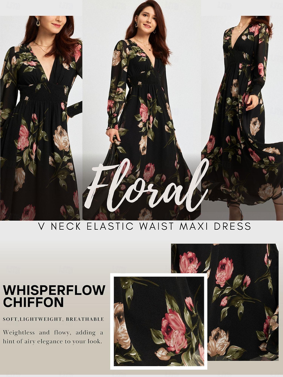 Abito per invitati in chiffon con volant floreale e maxi scollo a V. Abito per invitati del 2025 a $86.99 –P1