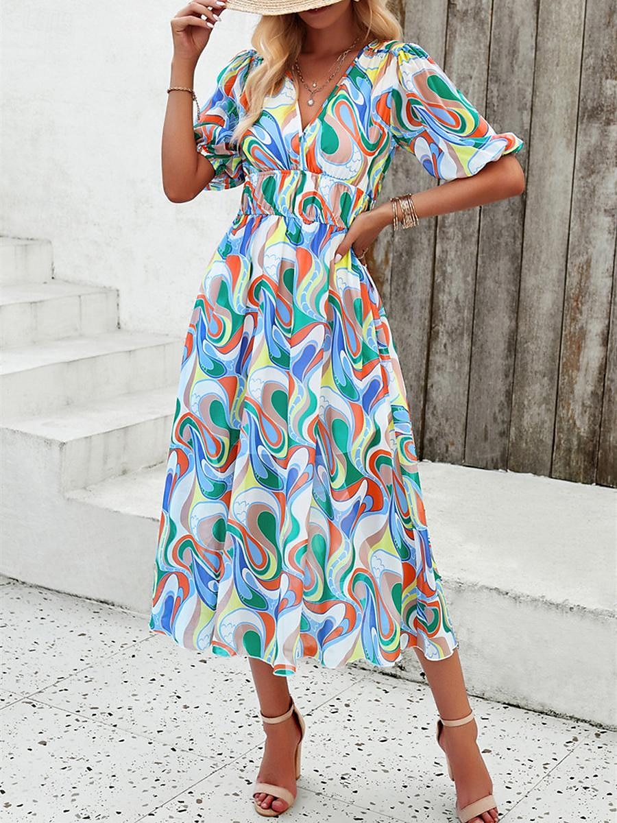 robe décontractée pour femme imprimé floral col en V robe midi ethnique bohème vacances manches courtes été de 2025 ? $29.99 –P10