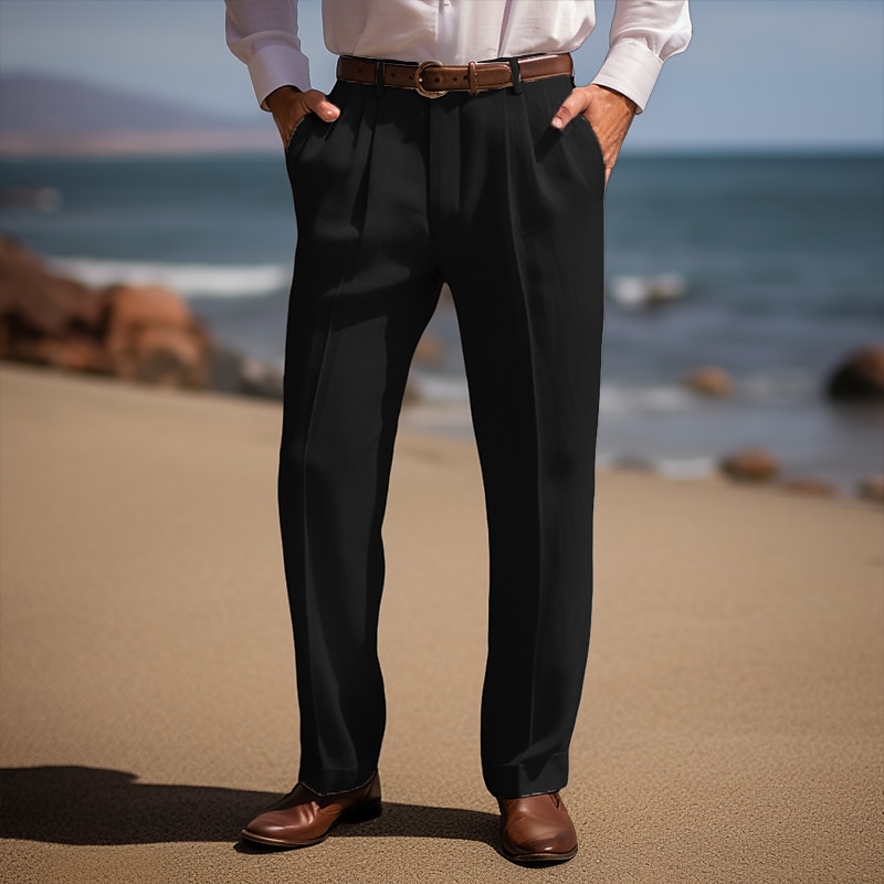 Men's Linen Pants Trousers Summer Pants Front Pocket Pleats Straight Leg Plain Comfort Breathable Casual Daily Holiday Fashion Basic Black White 2025 - $28.99 –P10