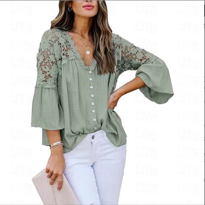 Shirt Boho Shirt Lace Shirt Blouse Women's Black White Pink Solid Color Lace Button Street Daily Fashion V Neck S 2025 - $24.99 –P11