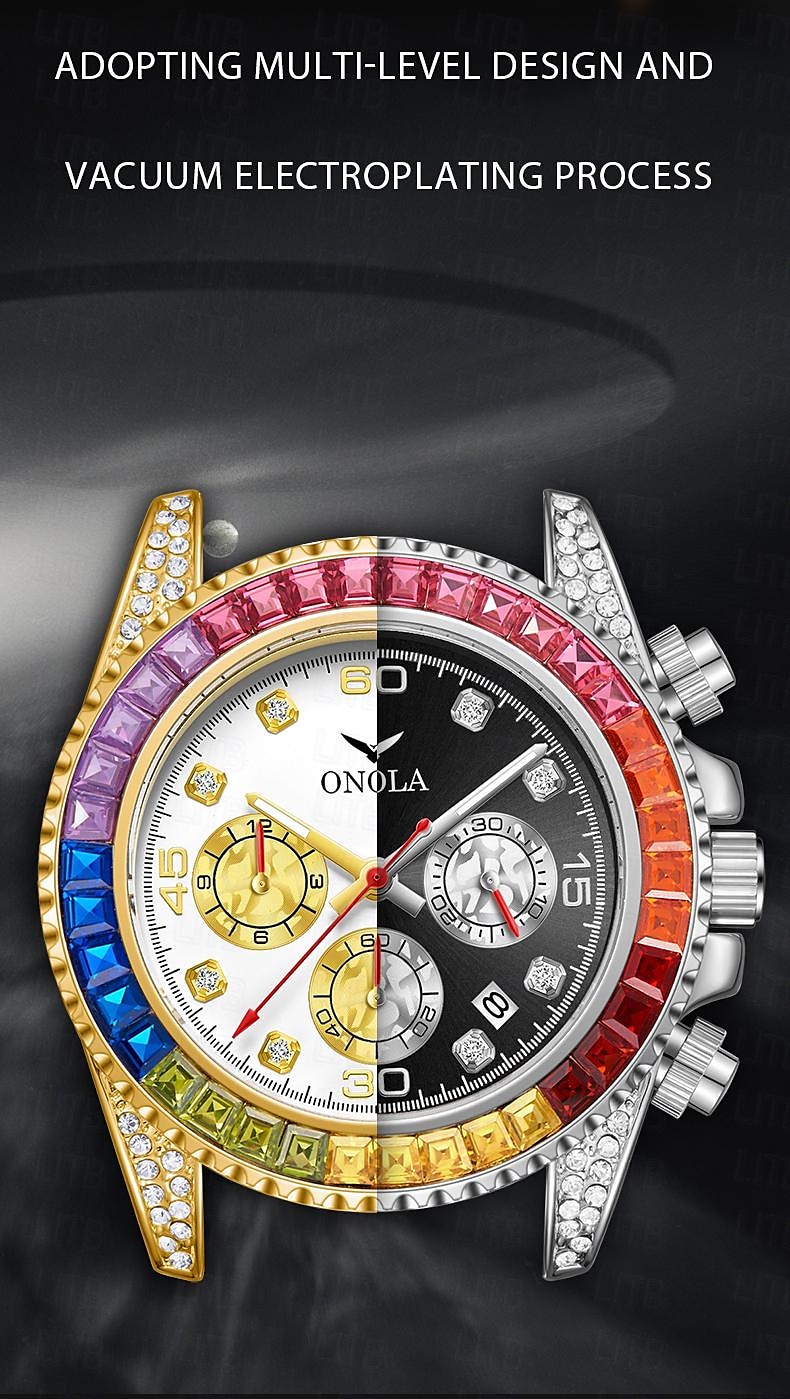 ONOLA Luxury Iced Watches Men Automatic Date Multifunctional Steel Clocks Fashion Rainbow Diamond Quartz Wristwatch 2025 - $48.99 –P2