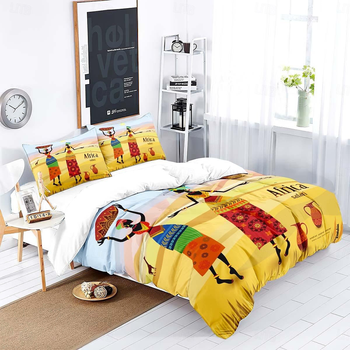 Three piece set of African primitive tribal character prints down duvet cover hotel bedroom guest room famous guest bed bedding comfortable set 1 down duvet cover 2 pillowcases king size bed s 2025 - $34.99 –P6