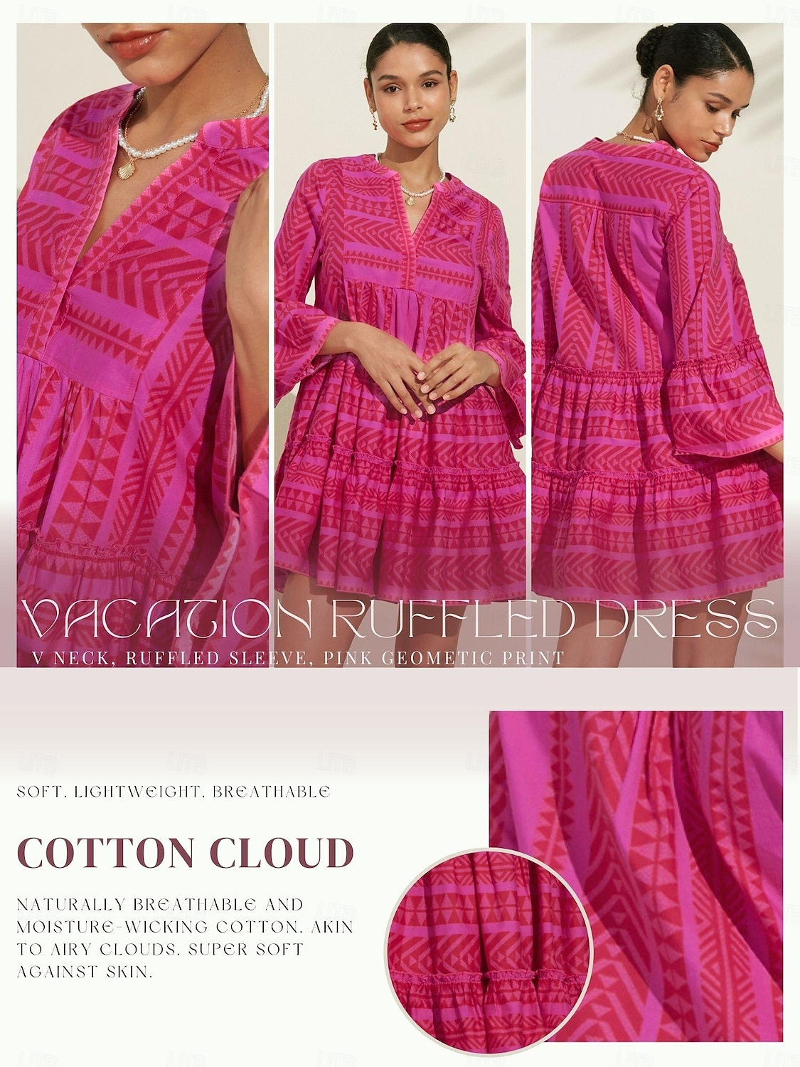 Damskie Codzienne sukienki Letnie sukienki Różowa sukienka Rumiany róż Rękaw 3/4 Geometryczny Wzór w paski %100 Pamuk Falbana Falbany Luźna Wiosna i lato Boho Walentynki Prosty styl mody Urlop Plaża 2025 - $135.99 –P1