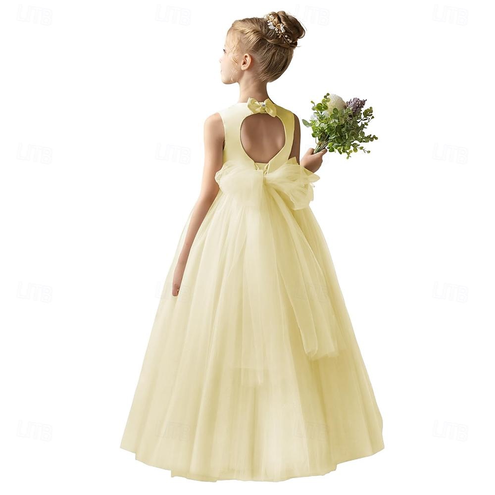 Barn Jente Blomsterjente kjole Festkjole Helfarge Ermeløs Bryllup jubileum Fest Mote Bedårende Daglig Polyester Vår Høst Vinter 2-12 år Hvit Champagne Gul 2025 - $53.99 –P11