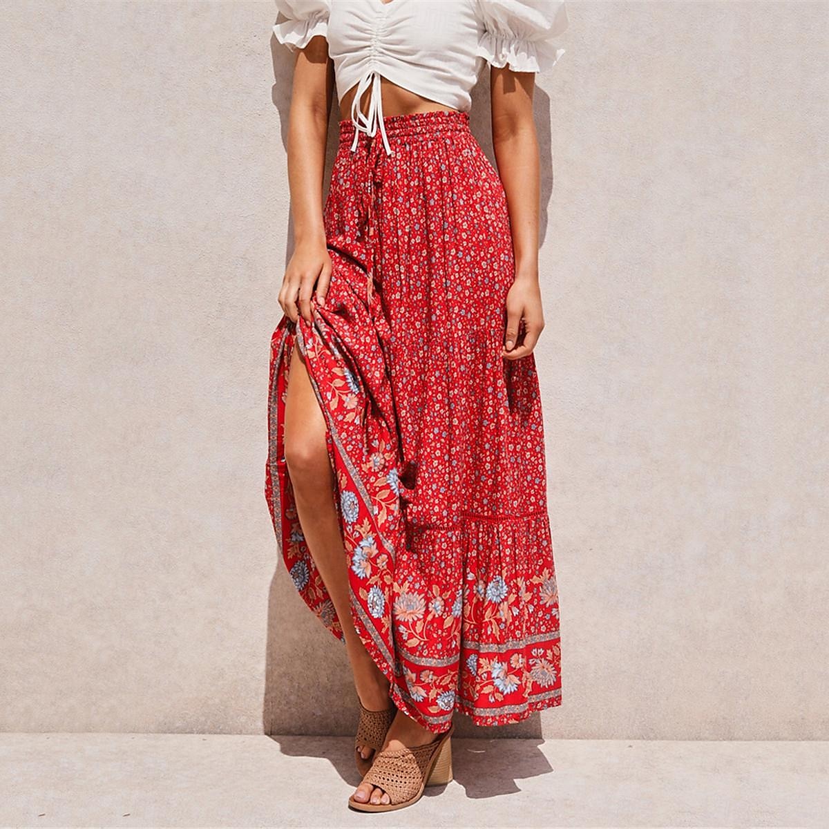 spódnica damska linia swing bohemia maxi spódnice z wysokim stanem kwiatowy wzór kwiatowy wakacje wakacje lato casual boho morela czerwony 2025 - $26.99 –P3