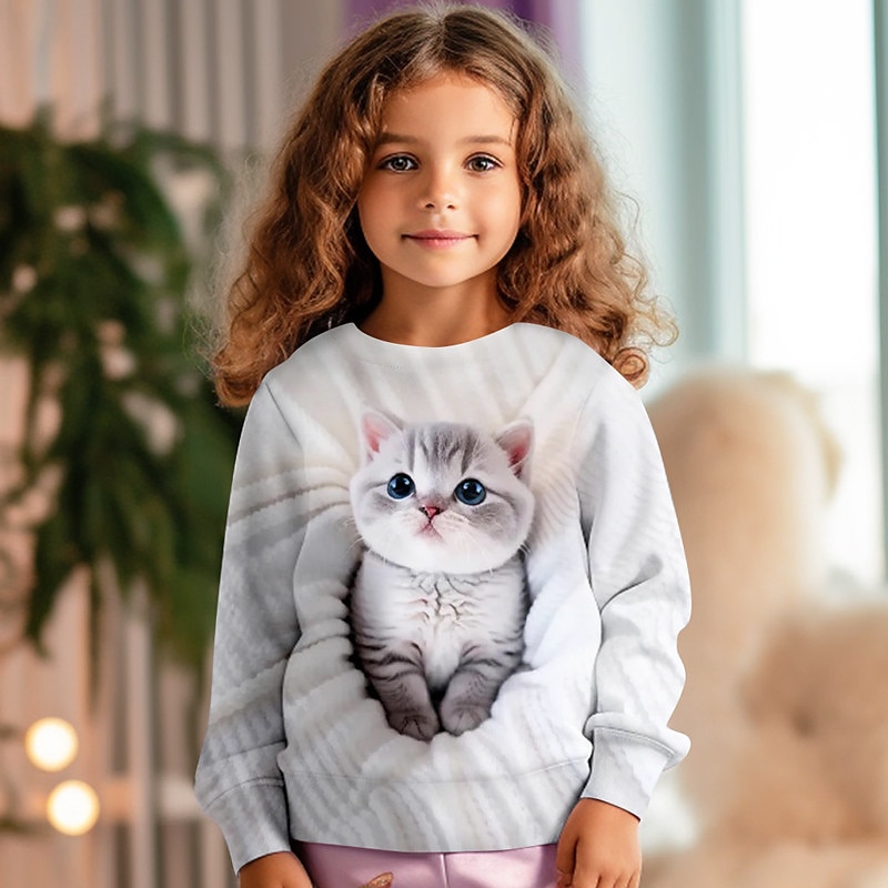 Flickor 3D Katt Tröja Pullover Långärmad 3D-tryck Vår Höst Mode Streetwear Förtjusande Barn 3-12 år Rund hals Utomhus Ledigt Dagligen Normal 2025 - $16.49 –P3