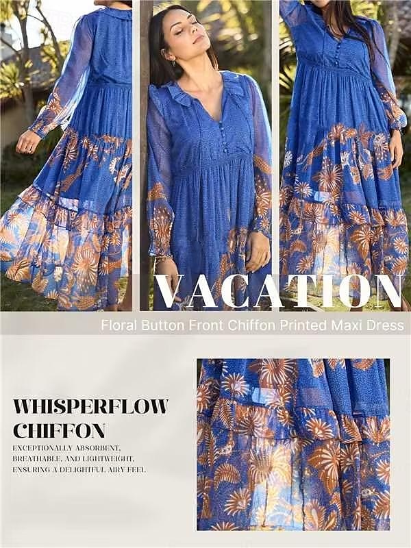 abito boho in chiffon con fiori tropicali e maniche a sbuffo del 2025 a $75.99 –P1