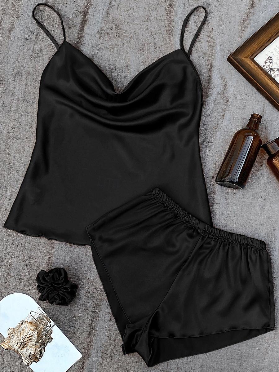 pyjamassett for kvinner 3 deler ren farge moteelskere komfort hjem daglig seng sateng silke pustende stropper ermeløse stropp topp shorts ryggløs elastisk midje sommer vår hjemmeantrekk 2025 - $19.49 –P8