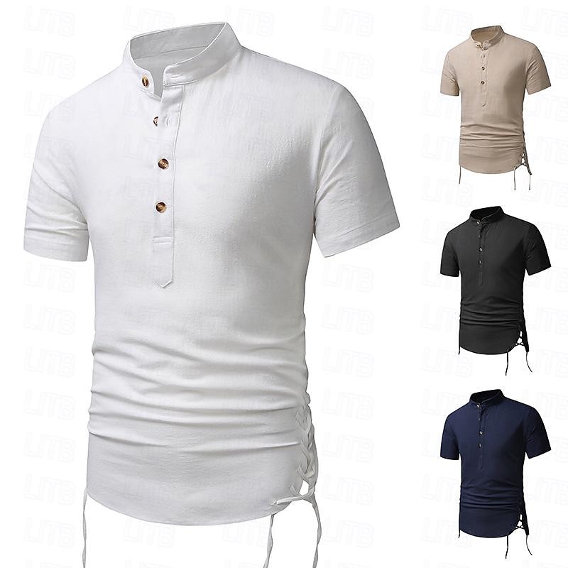 Hombre Camisa camisa de lino Camisa de lino de algodón Camisa de algodón blanca Camisa de cuello chino Camisa de cuello mandarín Plano Vacaciones Calle Negro Blanco Azul Marino Caqui Manga Corta 2025 - $30.99 –P1