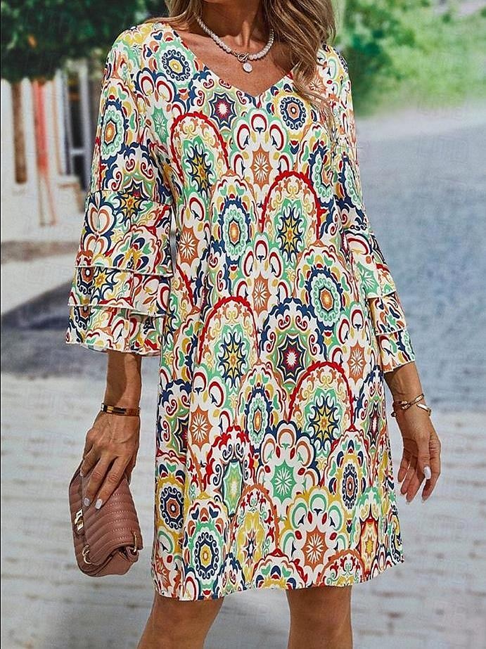 Pentru femei Rochie Mini Rochie casual Rochie de primăvară Șic Stradă Mânecă cu volan Vacanță Stradă Dată Potrivire Largă Floral Lungime Manșon 3/4 În V Galben Vară Primăvară 2025 - $46.99 –P4