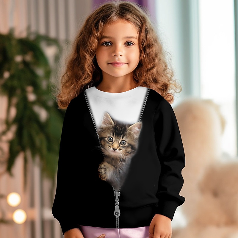 Flickor 3D Katt Tröja Pullover Långärmad 3D-tryck Vår Höst Mode Streetwear Förtjusande Barn 3-12 år Rund hals Utomhus Ledigt Dagligen Normal 2025 - $16.49 –P2