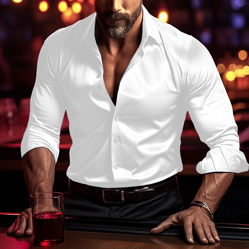 Men's Shirt Satin Shirt Casual Shirt Button Up Shirt Plain Wedding Vacation Black White Wine Blue Long Sleeve Lapel Spring & Fall Clothing Apparel 2025 - $26.99 –P4