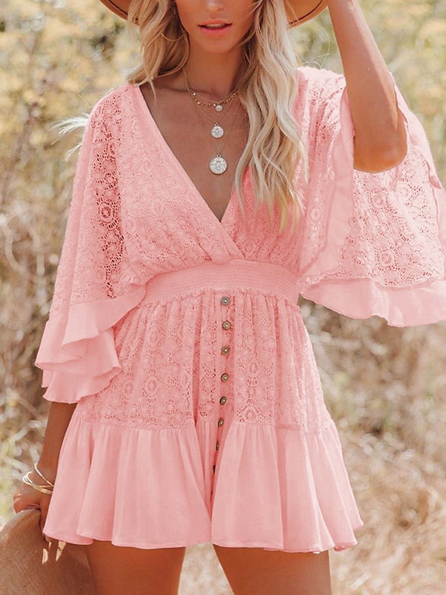 Women's Mini Dress White Dress Lace Dress Boho Chic Dresses Boho Dress Bohemia A Line Date Regular Fit 3/4 Length Sleeve V Neck Black White Yellow Pink Summer Spring 2025 - $41.99 –P12