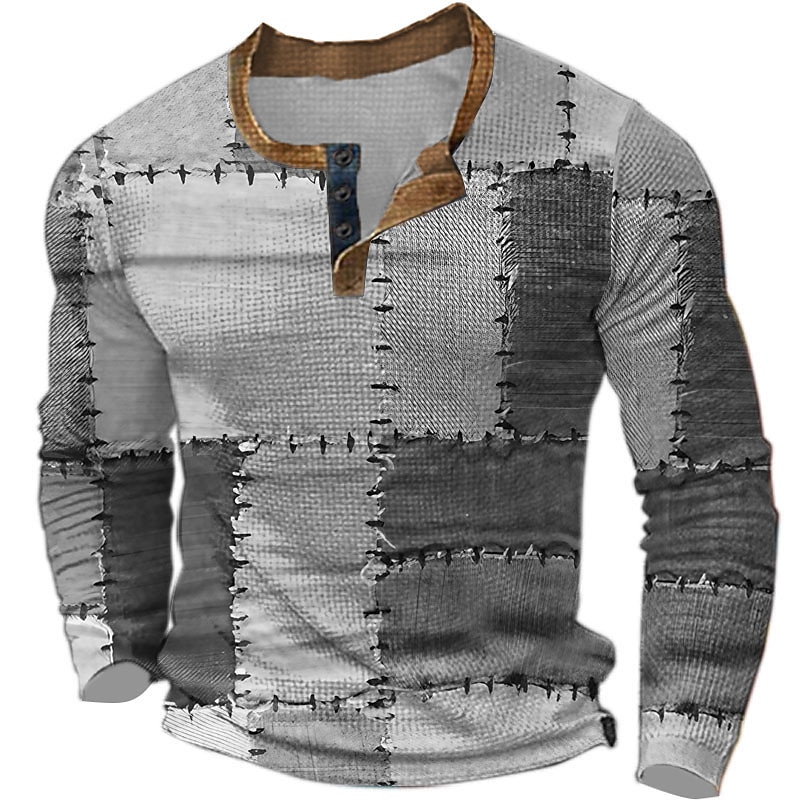 Ανδρικά Καρό Μοτίβο Faux Patchwork Πουκάμισο Henley Μπλουζάκι βάφλα Μακρυμάνικο 3D εκτύπωση Υψηλής Ποιότητας Ρετρό / Βίντατζ Καθημερινό Υπαίθρια Αθλήματα Αργίες Φεστιβάλ Άνοιξη & Χειμώνας 2026 - $26.99 –P2